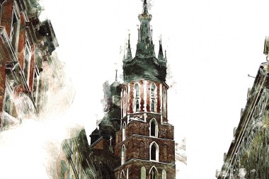 Eski şehir Krakow sanat illüstrasyonları antika