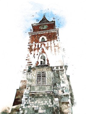 Eski şehir Krakow sanat illüstrasyonları antika