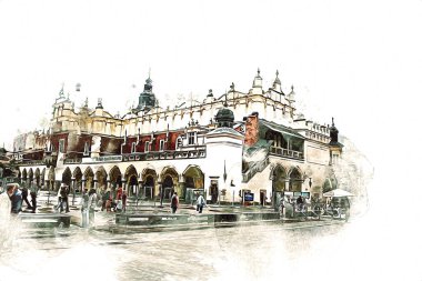 Eski şehir Krakow sanat illüstrasyonları antika
