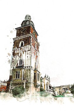 Eski şehir Krakow sanat illüstrasyonları antika