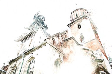 Eski şehir Krakow sanat illüstrasyonları antika