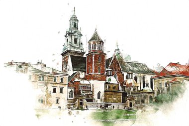 Eski şehir Krakow sanat illüstrasyonları antika