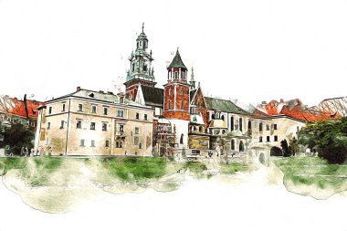 Eski şehir Krakow sanat illüstrasyonları antika