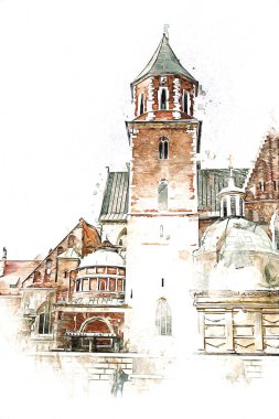 Eski şehir Krakow sanat illüstrasyonları antika