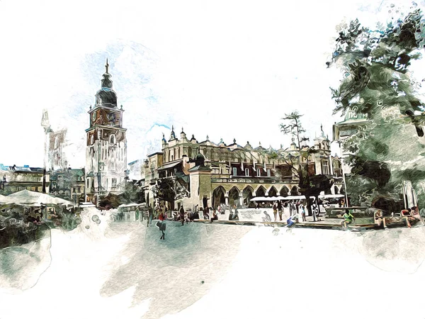 Alte Stadt Krakau Art Illustration Retro Vintage — Stockfoto