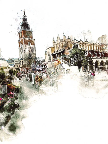 Gamla Staden Krakow Konst Illustration Retro Vintage — Stockfoto