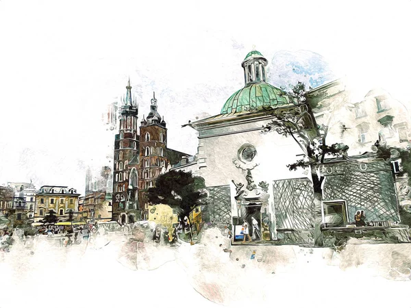 Vieille Ville Krakow Art Illustration Rétro Vintage — Photo