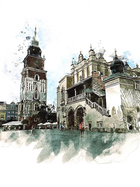 Vecchia Città Krakow Arte Illustrazione Retrò Vintage — Foto Stock