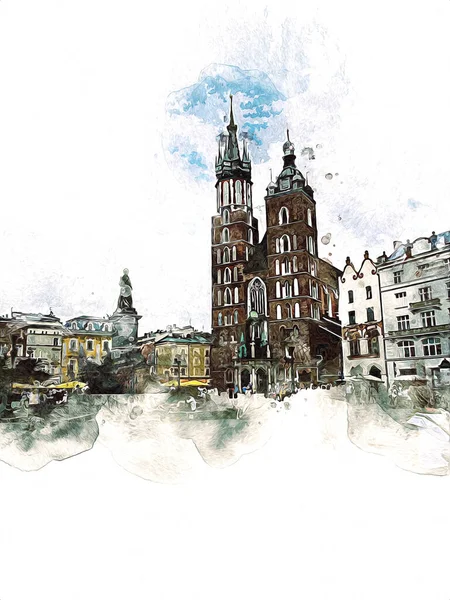 Vecchia Città Krakow Arte Illustrazione Retrò Vintage — Foto Stock