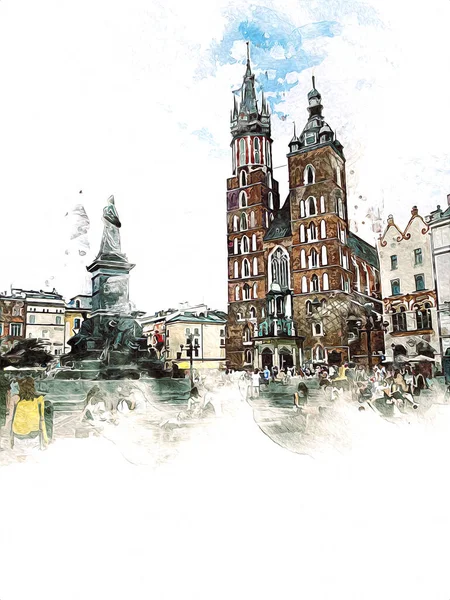 Vecchia Città Krakow Arte Illustrazione Retrò Vintage — Foto Stock
