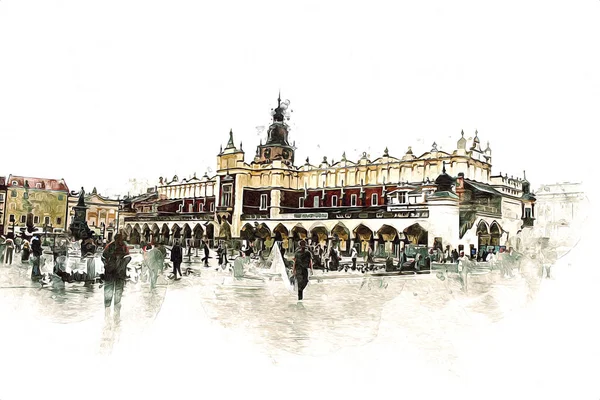 Vecchia Città Krakow Arte Illustrazione Retrò Vintage — Foto Stock