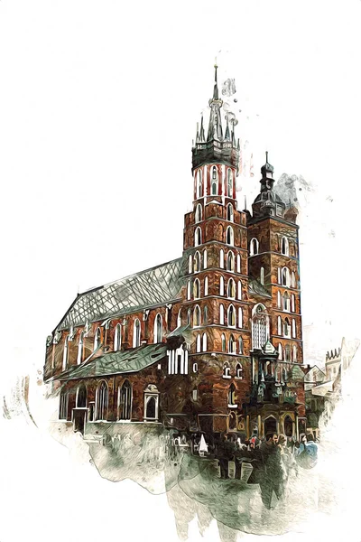 Régi Város Krakow Művészet Illusztráció Retro Szüret — Stock Fotó