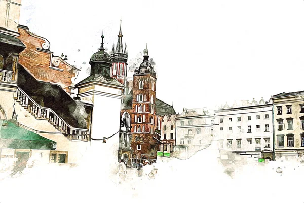 Vecchia Città Krakow Arte Illustrazione Retrò Vintage — Foto Stock