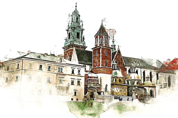 Alte Stadt Krakau Art Illustration Retro Vintage — Stockfoto