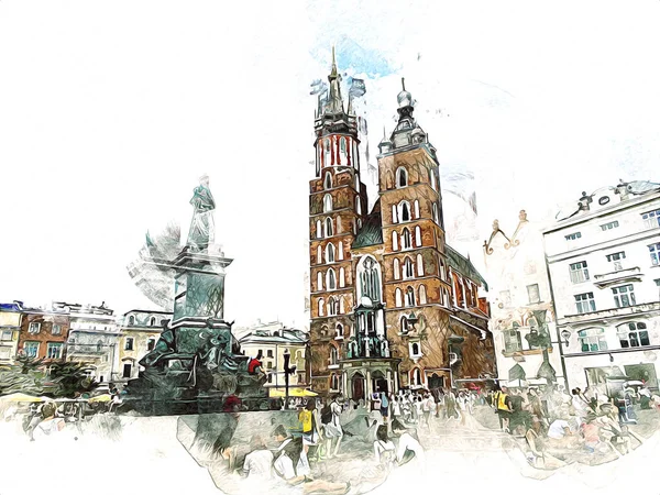 Old City Krakow Art Illustration Retro Vintage — Stock Photo, Image