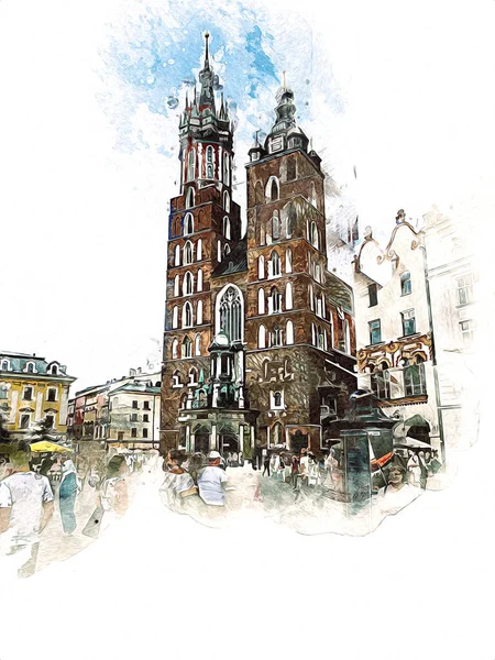 Old City Krakow Art Illustration Retro Vintage — Stock Photo, Image