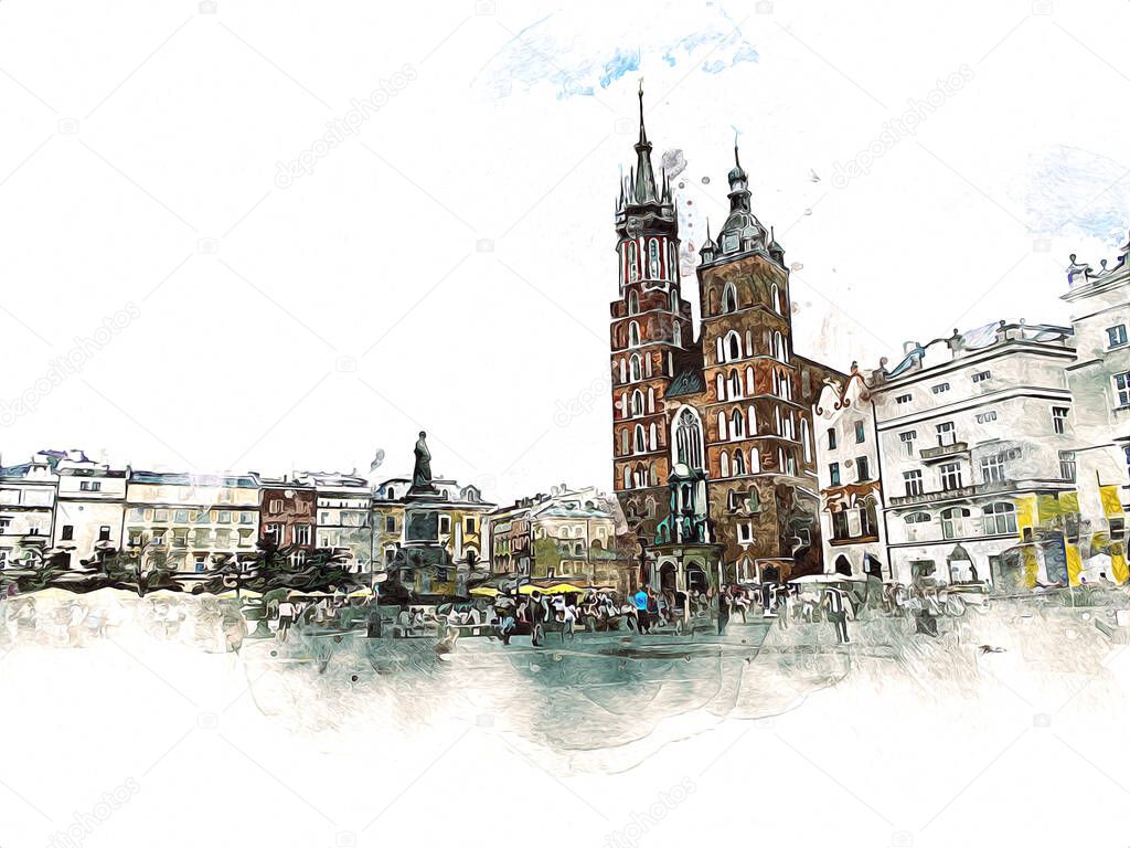 Old city Krakow art illustration retro vintage
