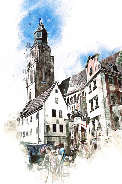 Wroclaw City Poland Rétro Vintage Art Dessin Croquis Illustration — Photo