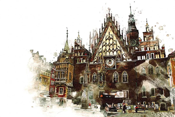 Wroclaw City Poland Retro Vintage Art Drawing Sketch Illustration — Stock Photo, Image