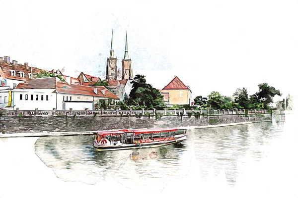 Wroclaw Stad Polen Retro Vintage Kunst Tekening Schets Illustratie — Stockfoto