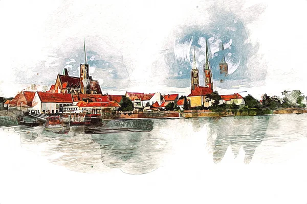 Wroclaw Stad Polen Retro Vintage Kunst Tekening Schets Illustratie — Stockfoto