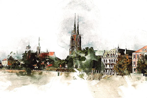 Wroclaw Stad Polen Retro Vintage Kunst Tekening Schets Illustratie — Stockfoto