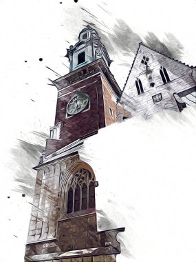 Eski şehir Krakow sanat illüstrasyonları antika