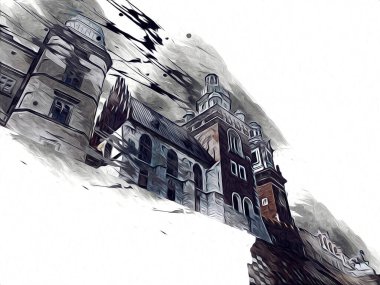 Eski şehir Krakow sanat illüstrasyonları antika