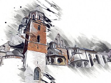 Eski şehir Krakow sanat illüstrasyonları antika