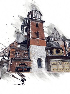 Eski şehir Krakow sanat illüstrasyonları antika