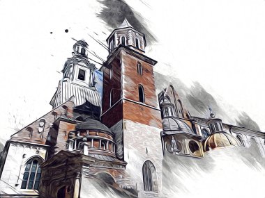 Eski şehir Krakow sanat illüstrasyonları antika