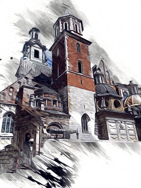 Eski şehir Krakow sanat illüstrasyonları antika