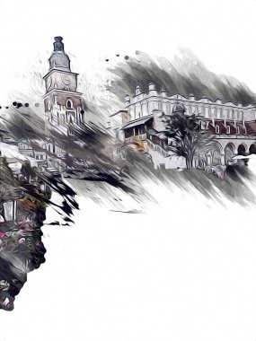 Eski şehir Krakow sanat illüstrasyonları antika