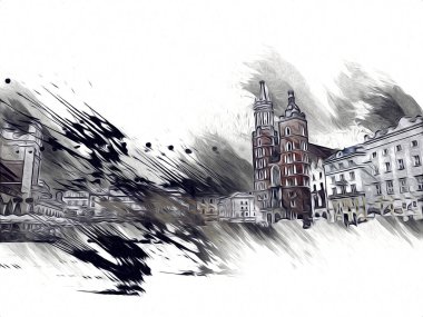 Eski şehir Krakow sanat illüstrasyonları antika