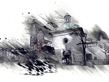 Eski şehir Krakow sanat illüstrasyonları antika