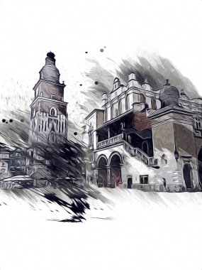 Eski şehir Krakow sanat illüstrasyonları antika