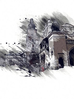 Eski şehir Krakow sanat illüstrasyonları antika