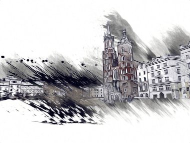Eski şehir Krakow sanat illüstrasyonları antika