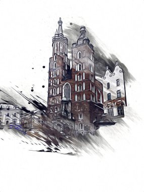Eski şehir Krakow sanat illüstrasyonları antika