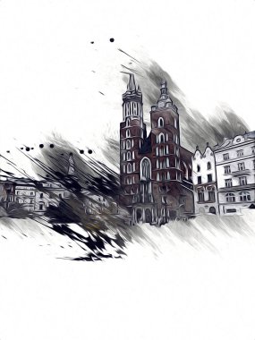 Eski şehir Krakow sanat illüstrasyonları antika