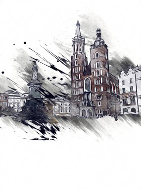 Eski şehir Krakow sanat illüstrasyonları antika
