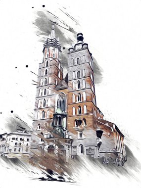 Eski şehir Krakow sanat illüstrasyonları antika