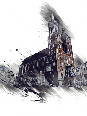 Eski şehir Krakow sanat illüstrasyonları antika
