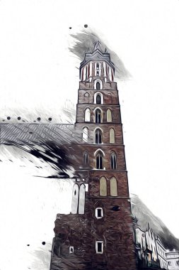 Eski şehir Krakow sanat illüstrasyonları antika