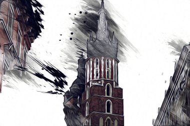 Eski şehir Krakow sanat illüstrasyonları antika