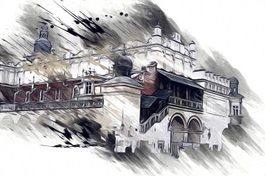 Eski şehir Krakow sanat illüstrasyonları antika