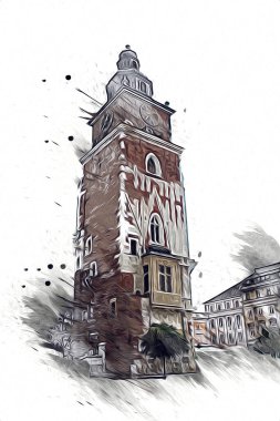 Eski şehir Krakow sanat illüstrasyonları antika