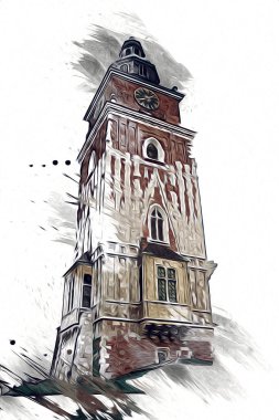 Eski şehir Krakow sanat illüstrasyonları antika