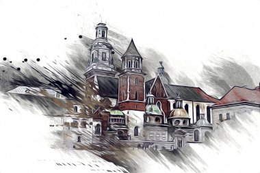 Eski şehir Krakow sanat illüstrasyonları antika