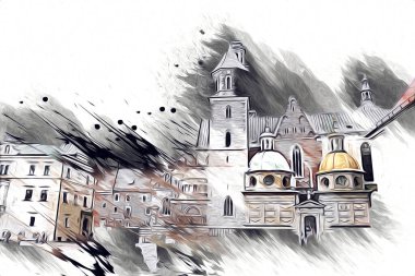 Eski şehir Krakow sanat illüstrasyonları antika